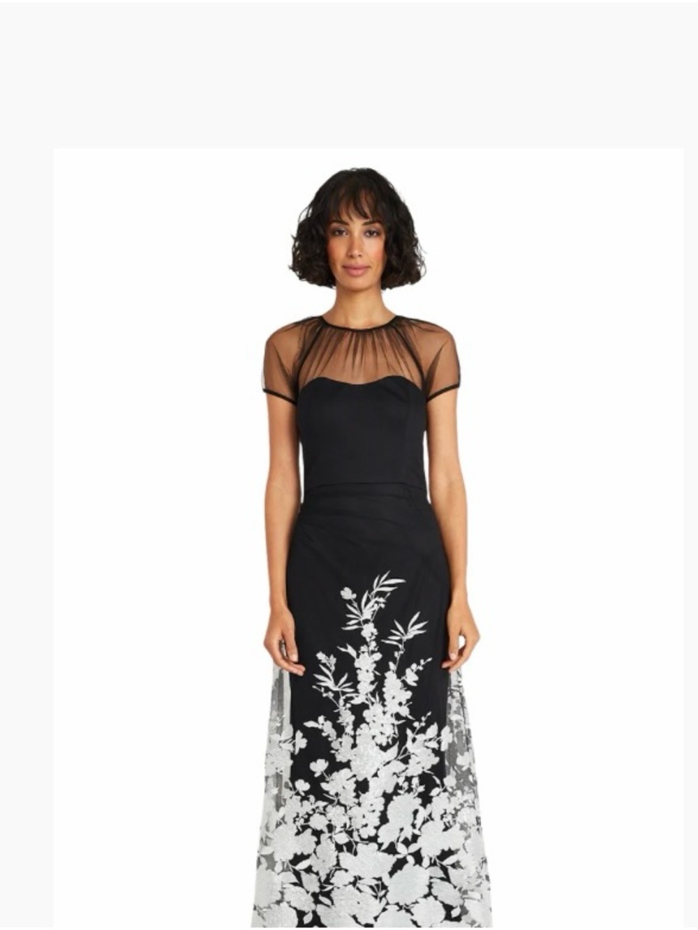 Elegant Black Mesh Yoke Gown with White Floral Embroidery and Sequins